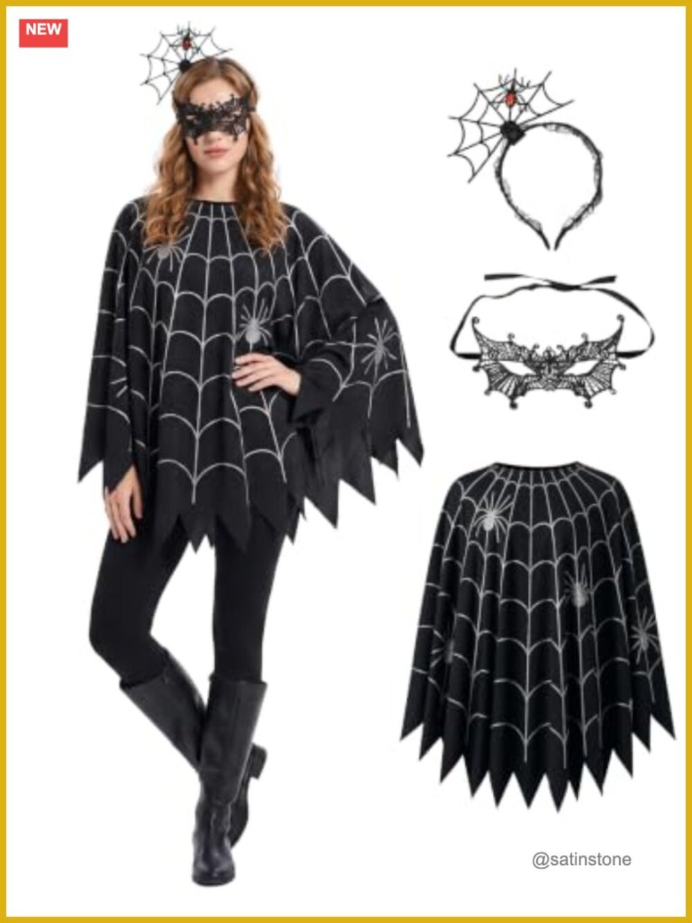 Spider Web Poncho Costume 3-Piece Set Lace Mask Headband Halloween